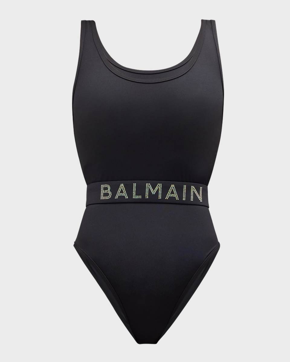 Crystal Logo Belted One-Piece Swimsuit